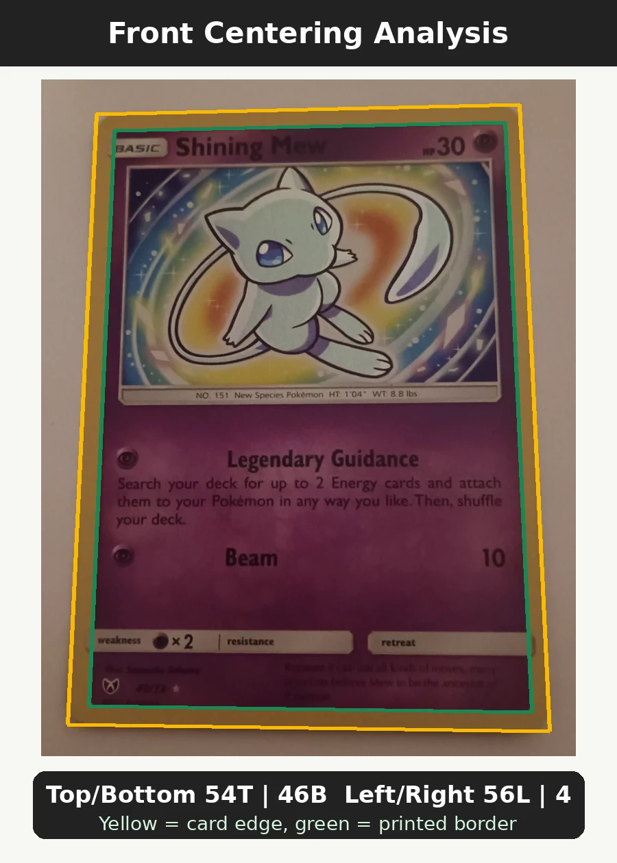 Shining Mew 040/73 Shining Legends front centering analysis showing Top/Bottom 54T | 46B and Left/Right 56L | 44R.