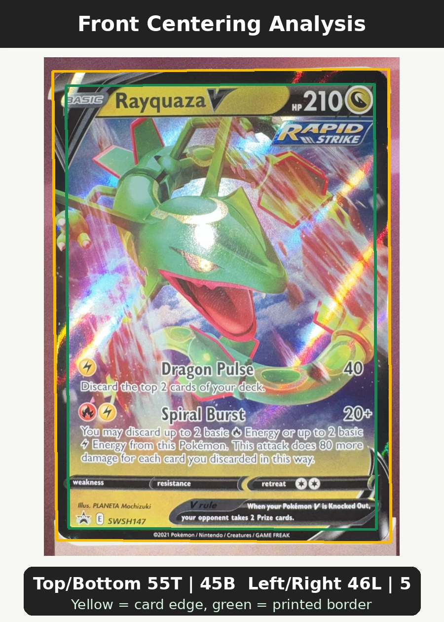Rayquaza V SWSH147/307 SWSH Black Star Promos front centering analysis showing Top/Bottom 55T | 45B and Left/Right 46L | 54R.