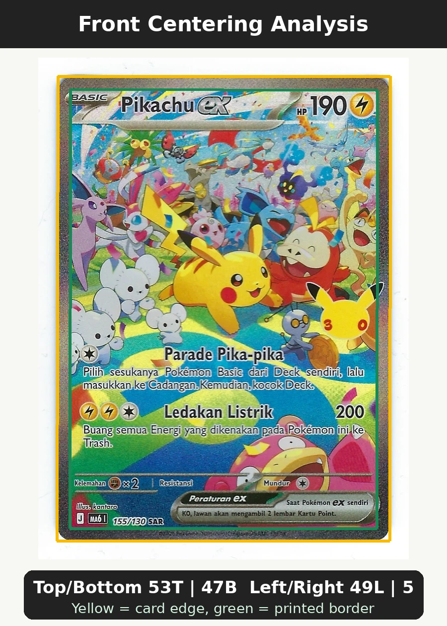 Pikachu ex 149/128 30th Celebration front centering analysis showing Top/Bottom 53T | 47B and Left/Right 49L | 51R.