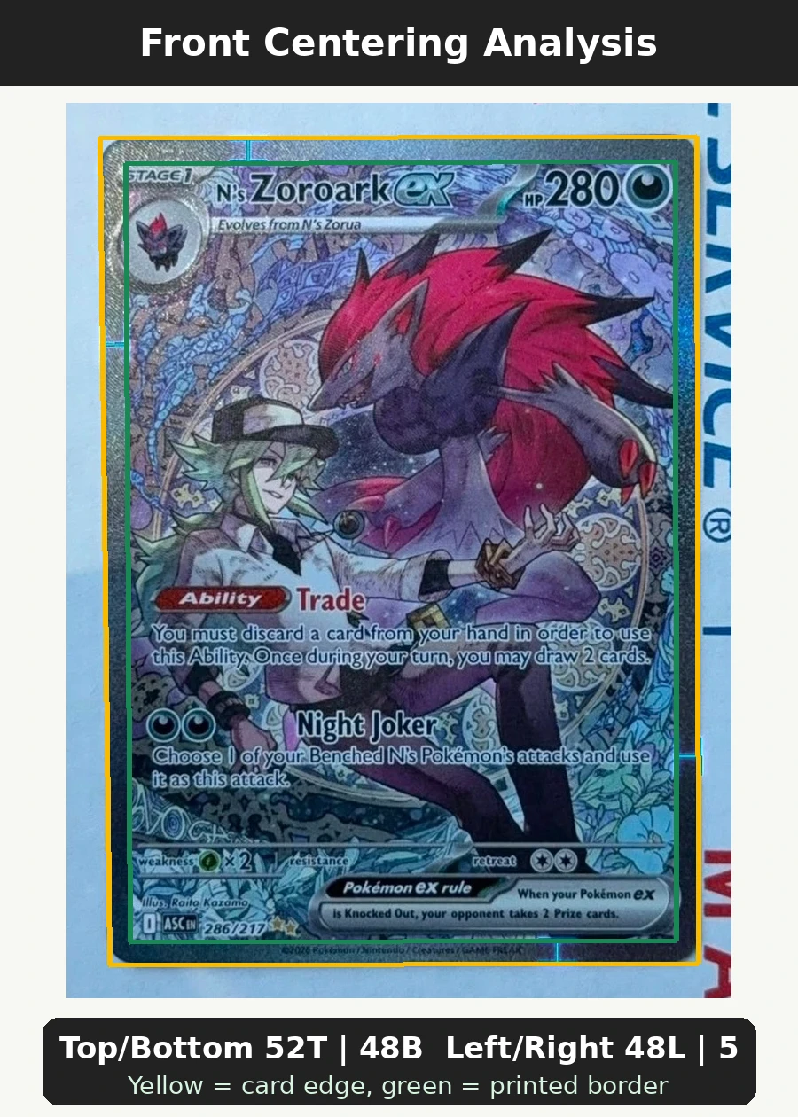 N's Zoroark ex 286/217 Ascended Heroes front centering analysis showing Top/Bottom 52T | 48B and Left/Right 48L | 52R.