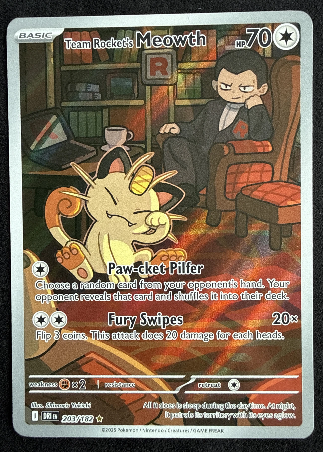 Team Rocket's Meowth 203/182 Destined Rivals front card photo in GradeValue pregrading report