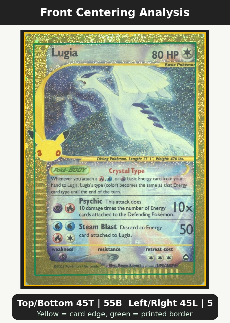 Lugia 149 30th Classic Collection front centering analysis showing Top/Bottom 45T | 55B and Left/Right 45L | 55R.