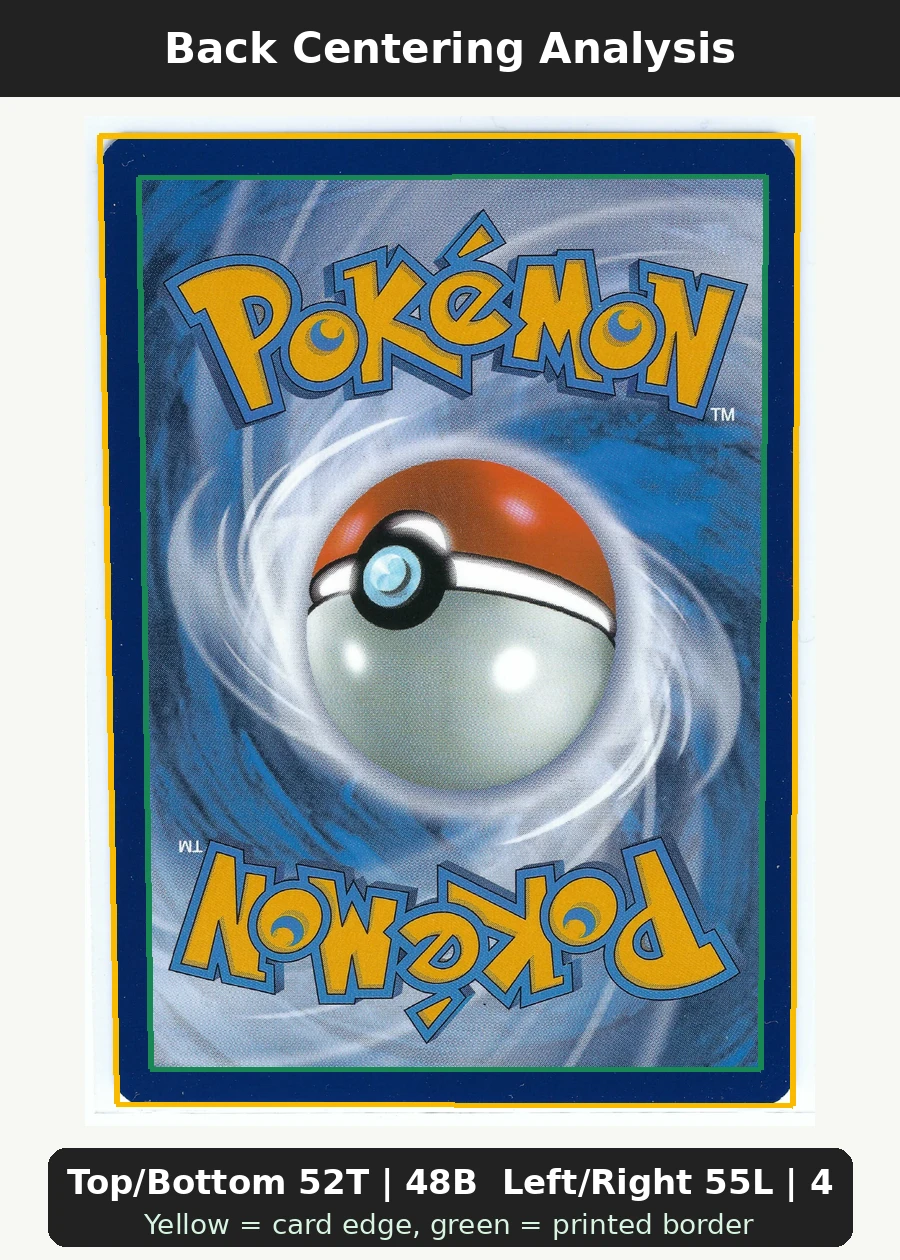Charizard VSTAR SWSH262/307 SWSH Black Star Promos back centering analysis showing Top/Bottom 52T | 48B and Left/Right 55L | 45R.