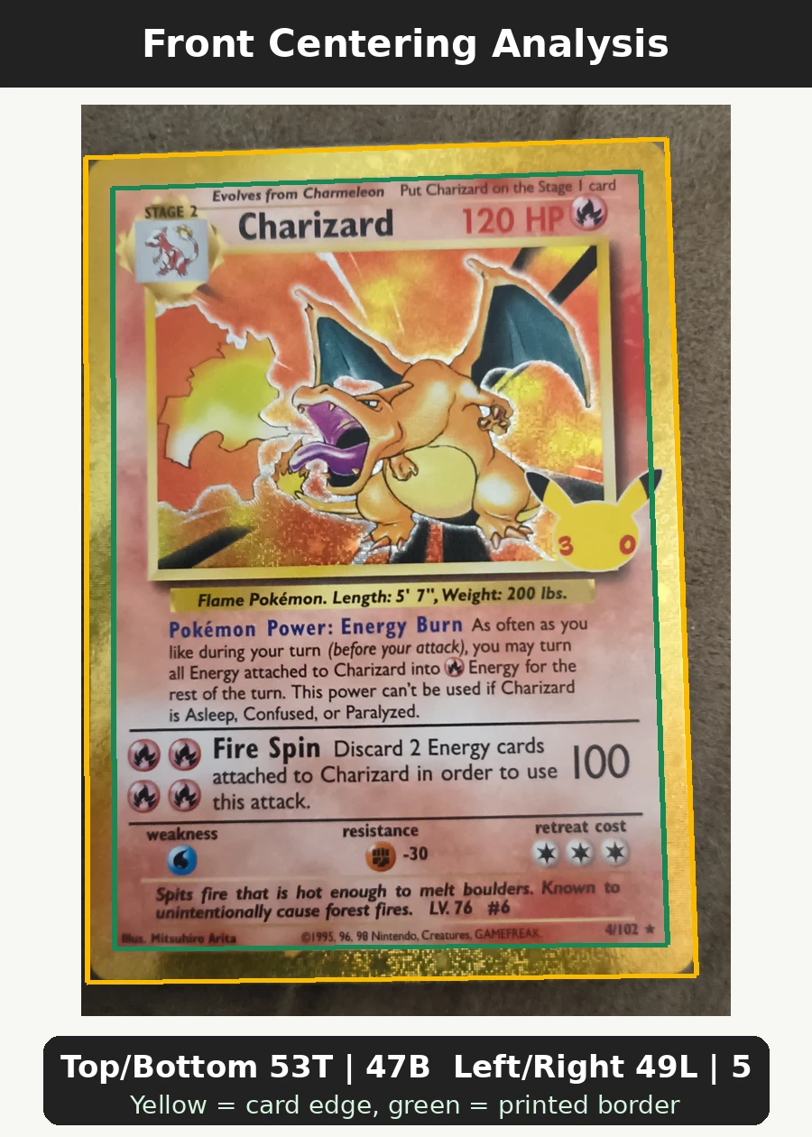 Charizard 004 30th Classic Collection front centering analysis showing Top/Bottom 53T | 47B and Left/Right 49L | 51R.