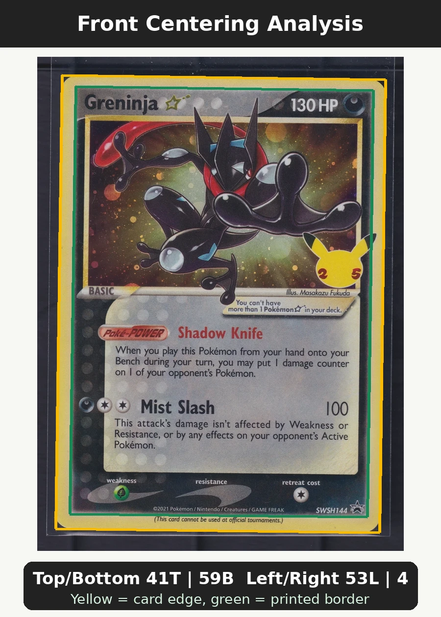 Greninja {star} SWSH144/307 SWSH Black Star Promos front centering analysis showing Top/Bottom 41T | 59B and Left/Right 53L | 47R.