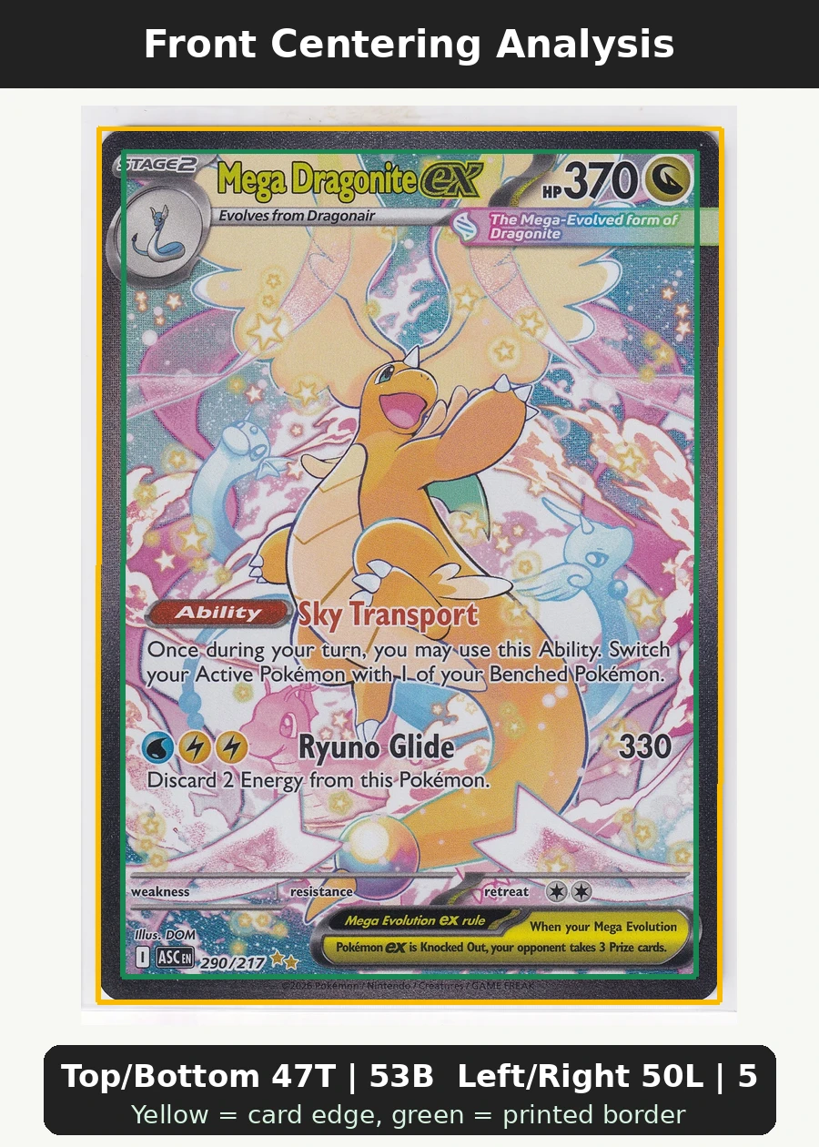 Mega Dragonite ex 290/217 Ascended Heroes front centering analysis showing Top/Bottom 47T | 53B and Left/Right 50L | 50R.