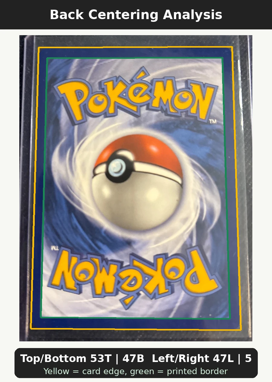Pikachu & Zekrom GX 033 30th Classic Collection back centering analysis showing Top/Bottom 53T | 47B and Left/Right 47L | 53R.
