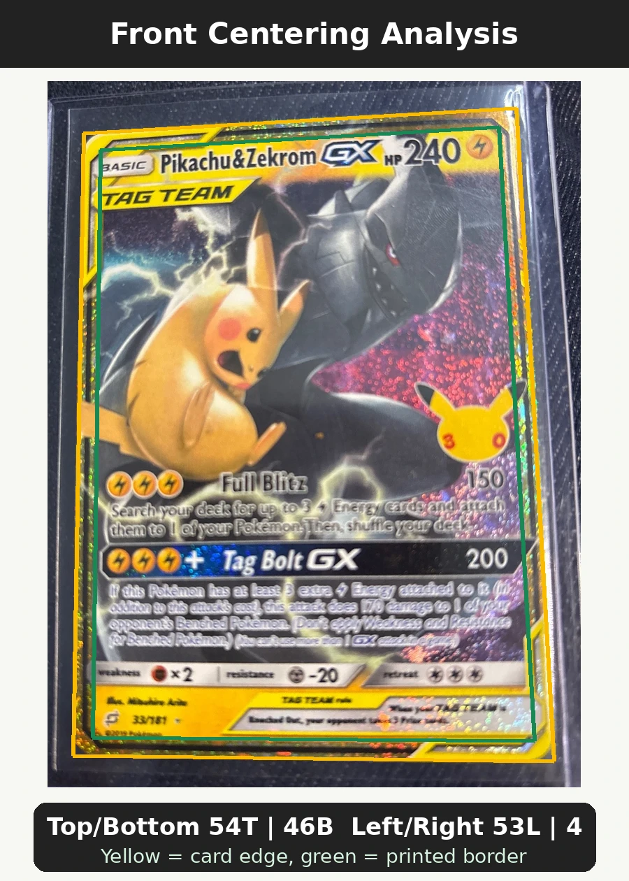 Pikachu & Zekrom GX 033 30th Classic Collection front centering analysis showing Top/Bottom 54T | 46B and Left/Right 53L | 47R.
