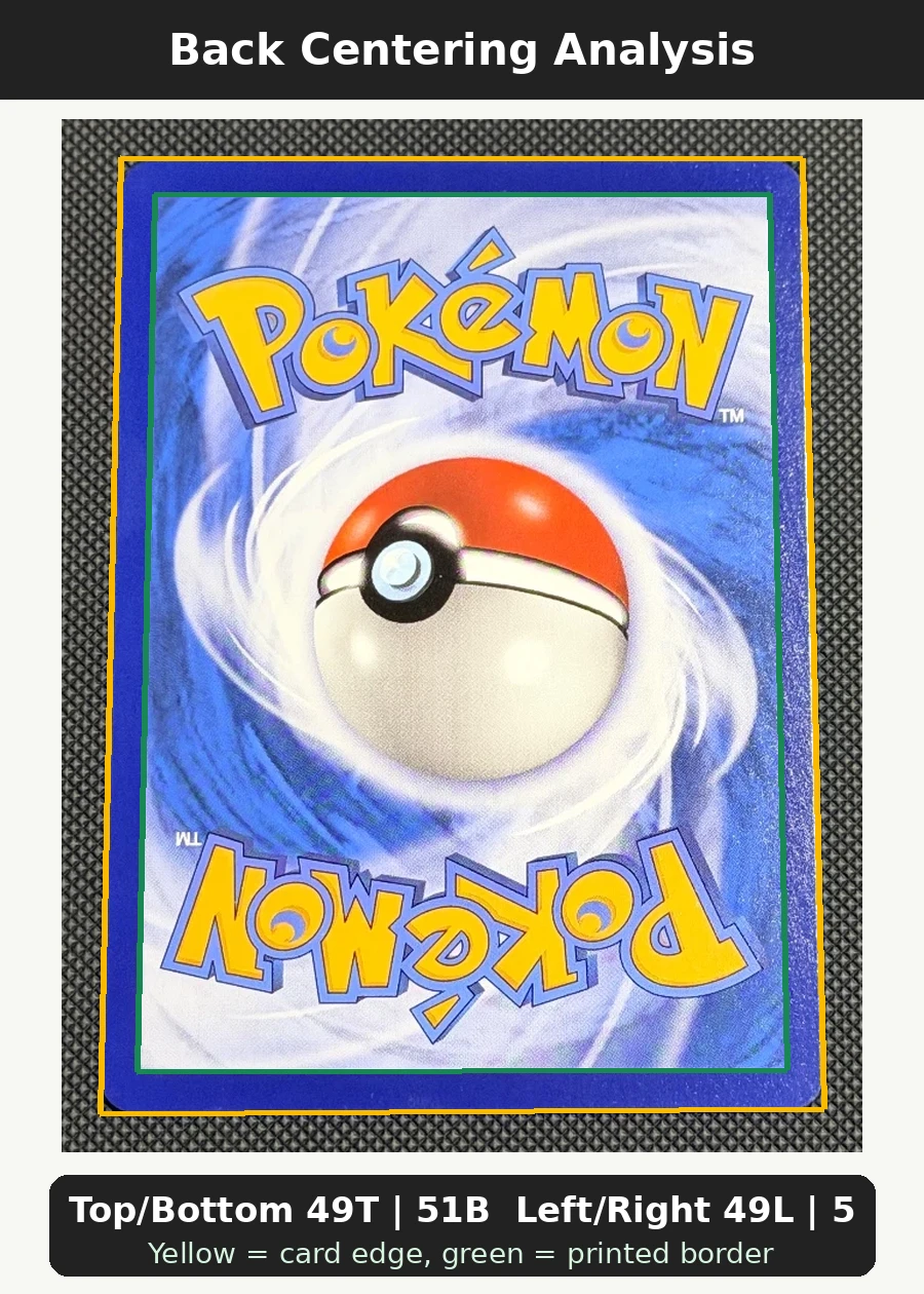 Shining Jirachi 042/73 Shining Legends back centering analysis showing Top/Bottom 49T | 51B and Left/Right 49L | 51R.