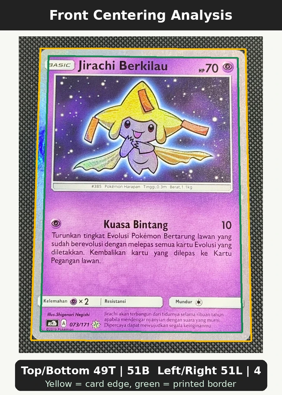 Shining Jirachi 042/73 Shining Legends front centering analysis showing Top/Bottom 49T | 51B and Left/Right 51L | 49R.