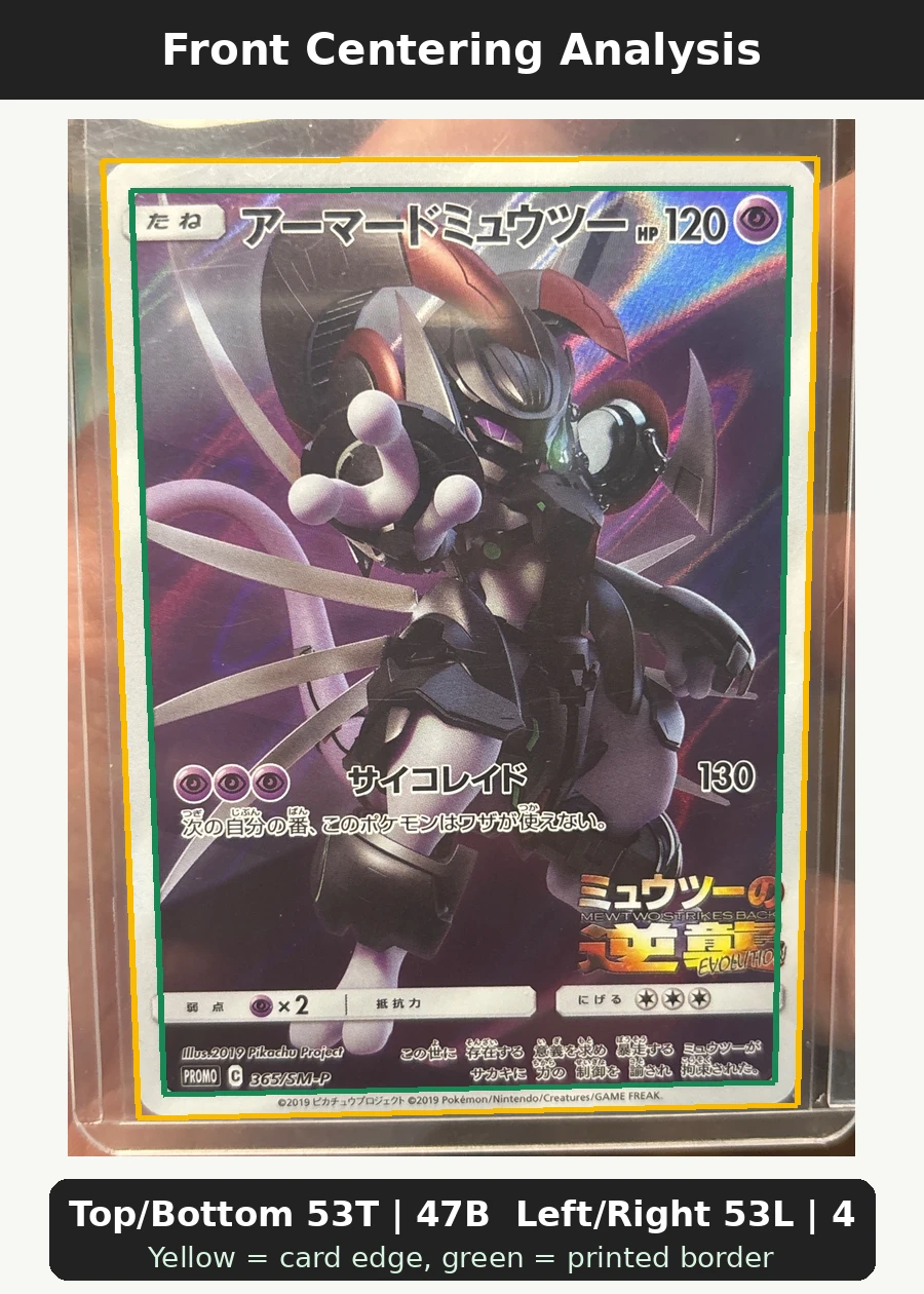 Armored Mewtwo 365 Sun & Moon Promos front centering analysis showing Top/Bottom 53T | 47B and Left/Right 53L | 47R.