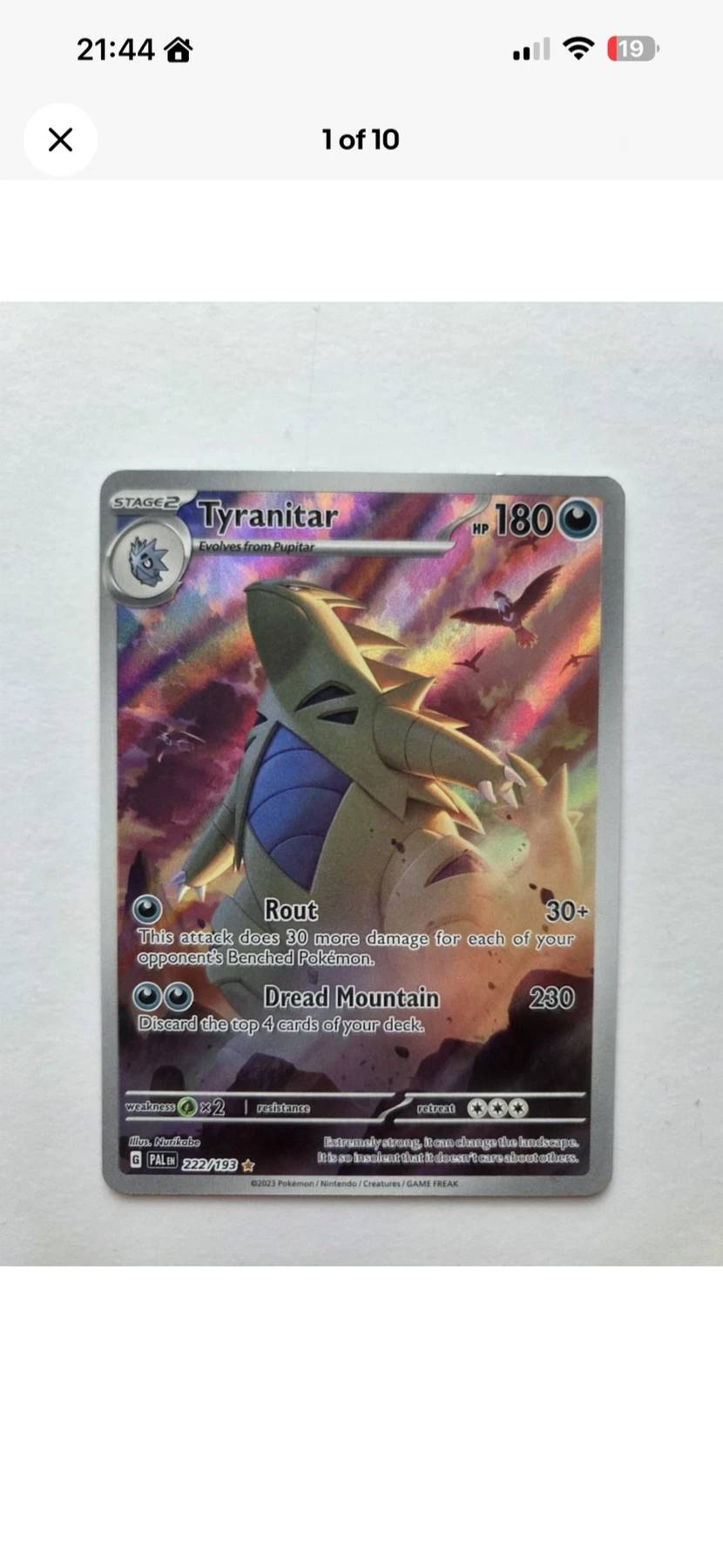 Tyranitar 222/193 Paldea Evolved front card photo in GradeValue pregrading report